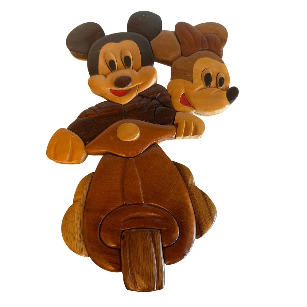 Disney Wall Art‎ Brown Mickey Minnie Mouse Intarsia Wood Plaque Set 2pc Vintage